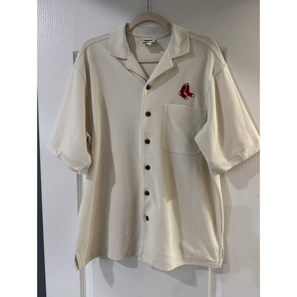 Lee Sport Boston Red Sox Mens Cream Waffle Knit Button Front Shirt Size M LF36